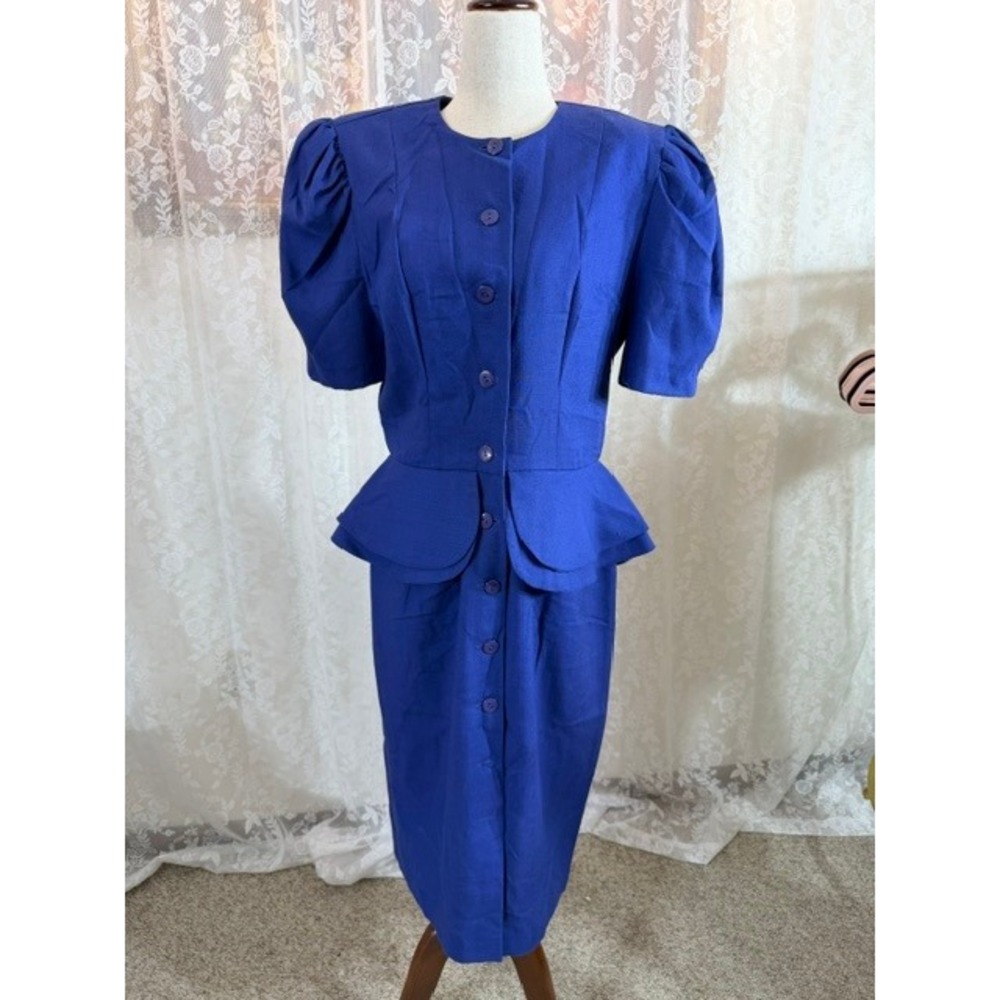 Vintage Royal Blue Peplum Puff Sleeve Button Front Midi Dress 80s Style